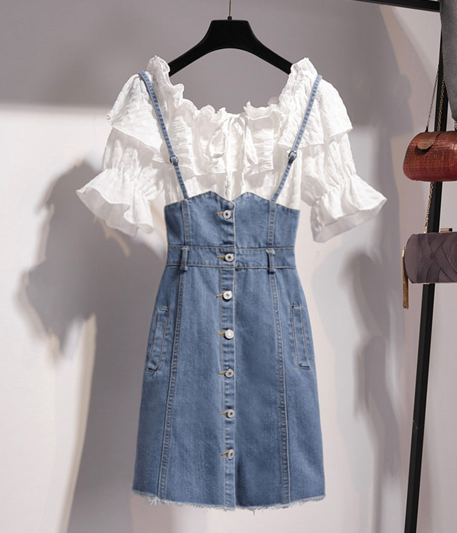 Cute white ruffled top + strap denim skirt  1278