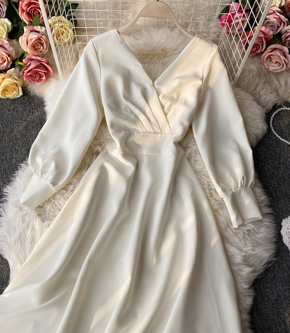 Simple A line v neck dress long sleeve dress  916