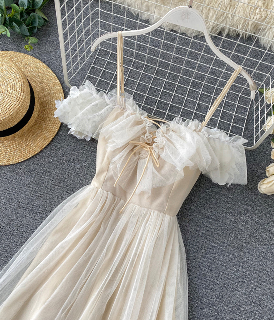 Cute champagne tulle dress summer dress  1244
