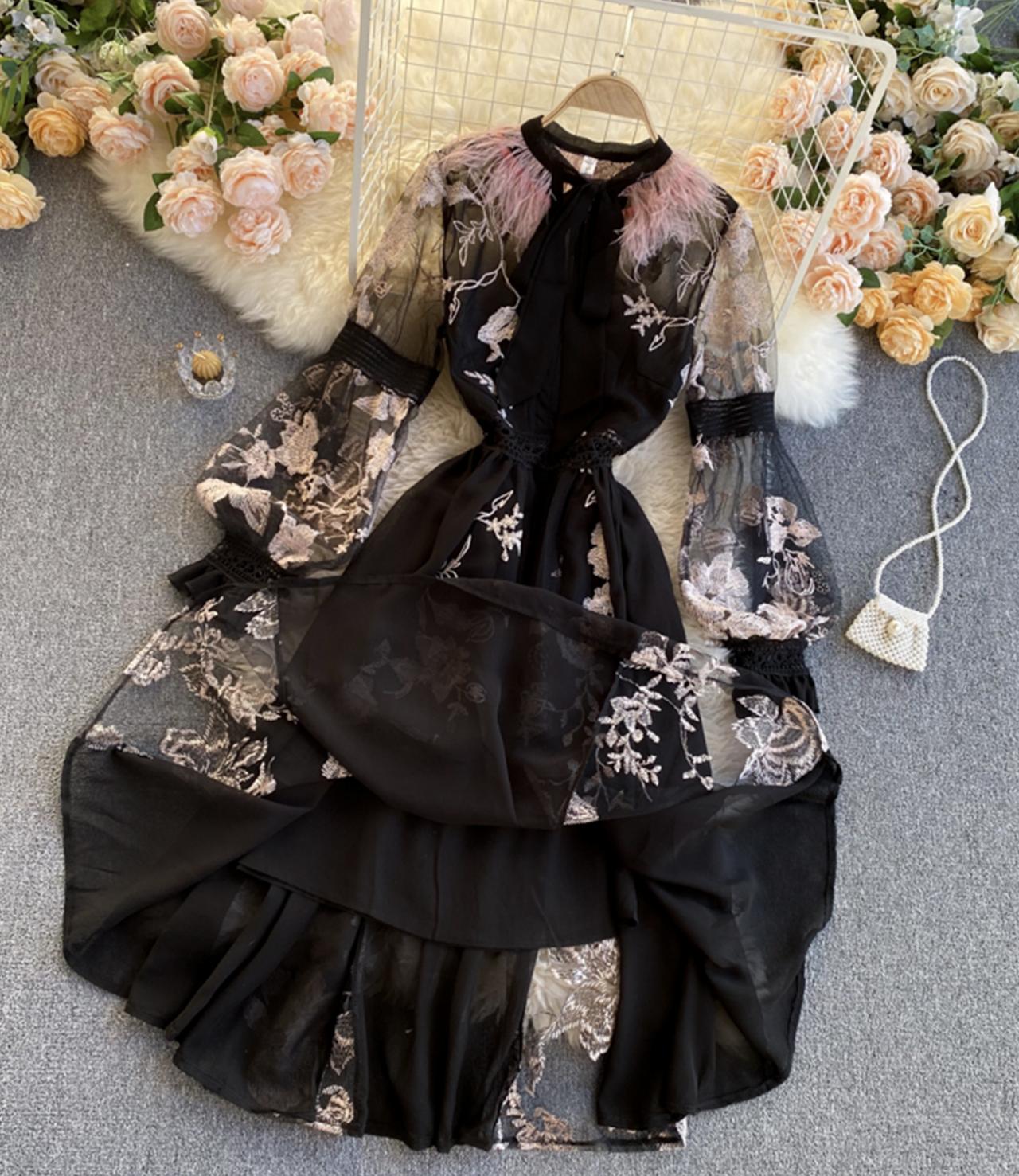 Unique A line embroidery dress black dress  828