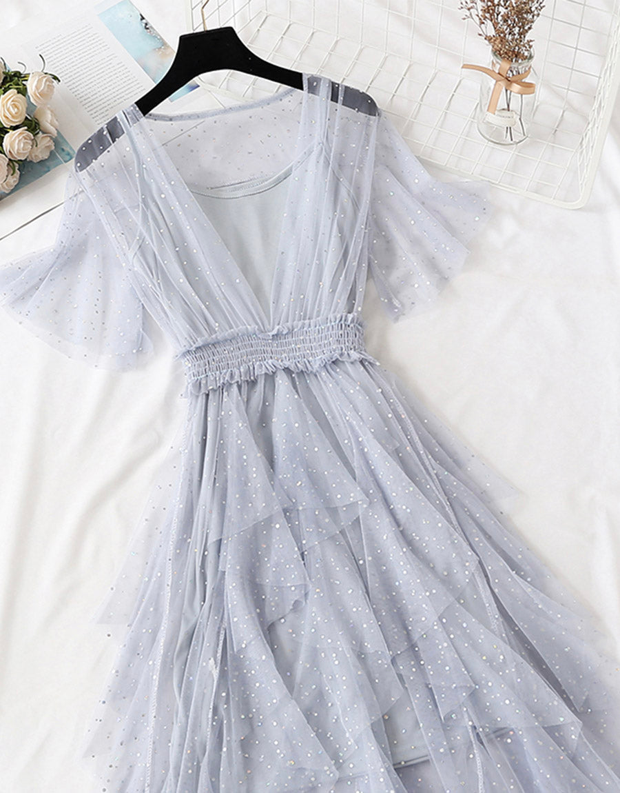 Robe d'été pour fille Robe trapèze en tulle à paillettes 1149