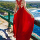 Red v neck chiffon lace long dress  1214