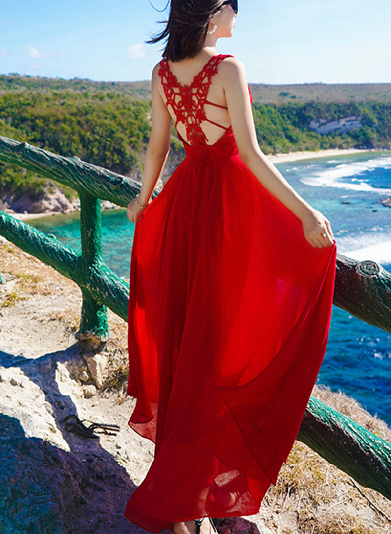 Red v neck chiffon lace long dress  1214