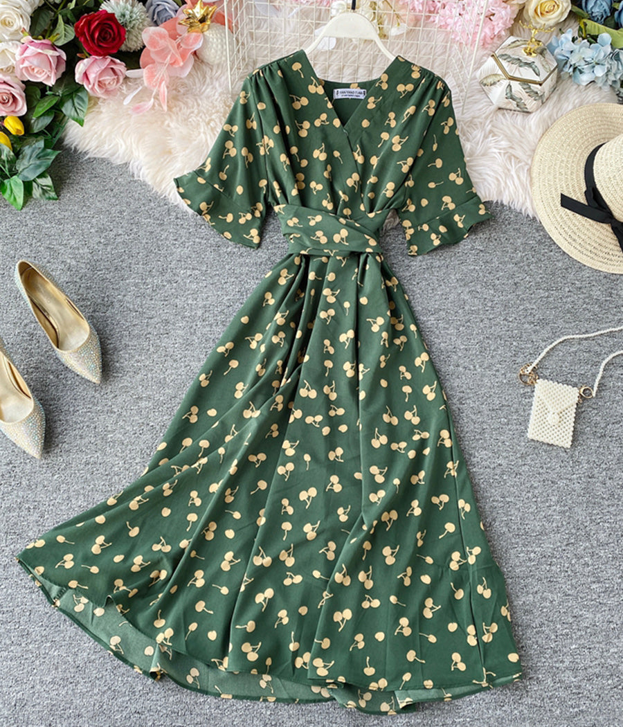 Cute v neck cherry dress summer dress  1282