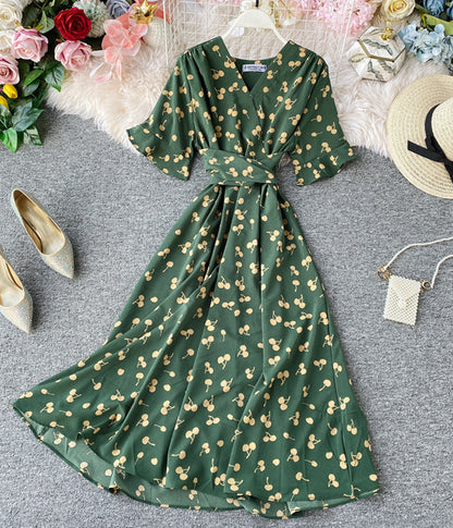 Cute v neck cherry dress summer dress  1282