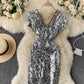 Shiny v neck sequins short dress party dress  860