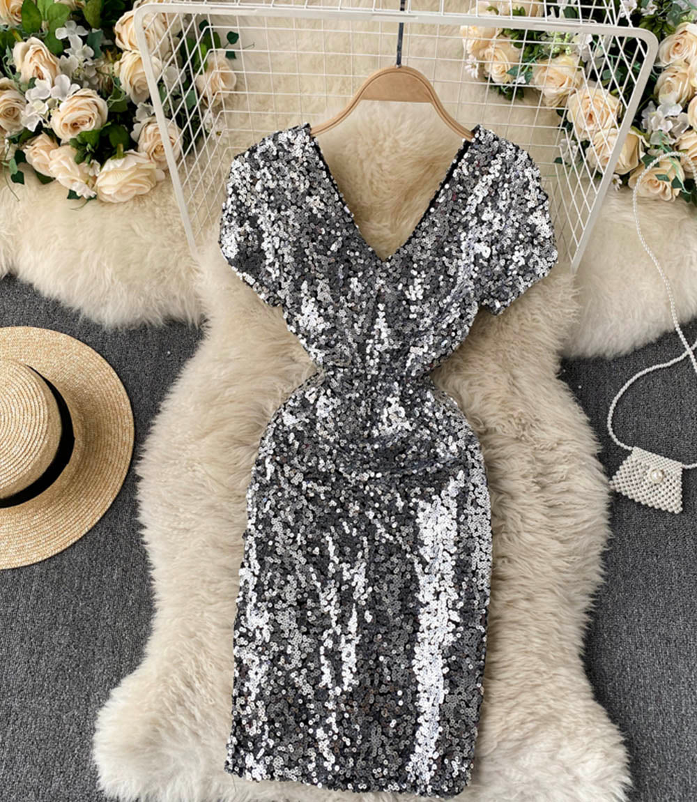 Shiny v neck sequins short dress party dress  860