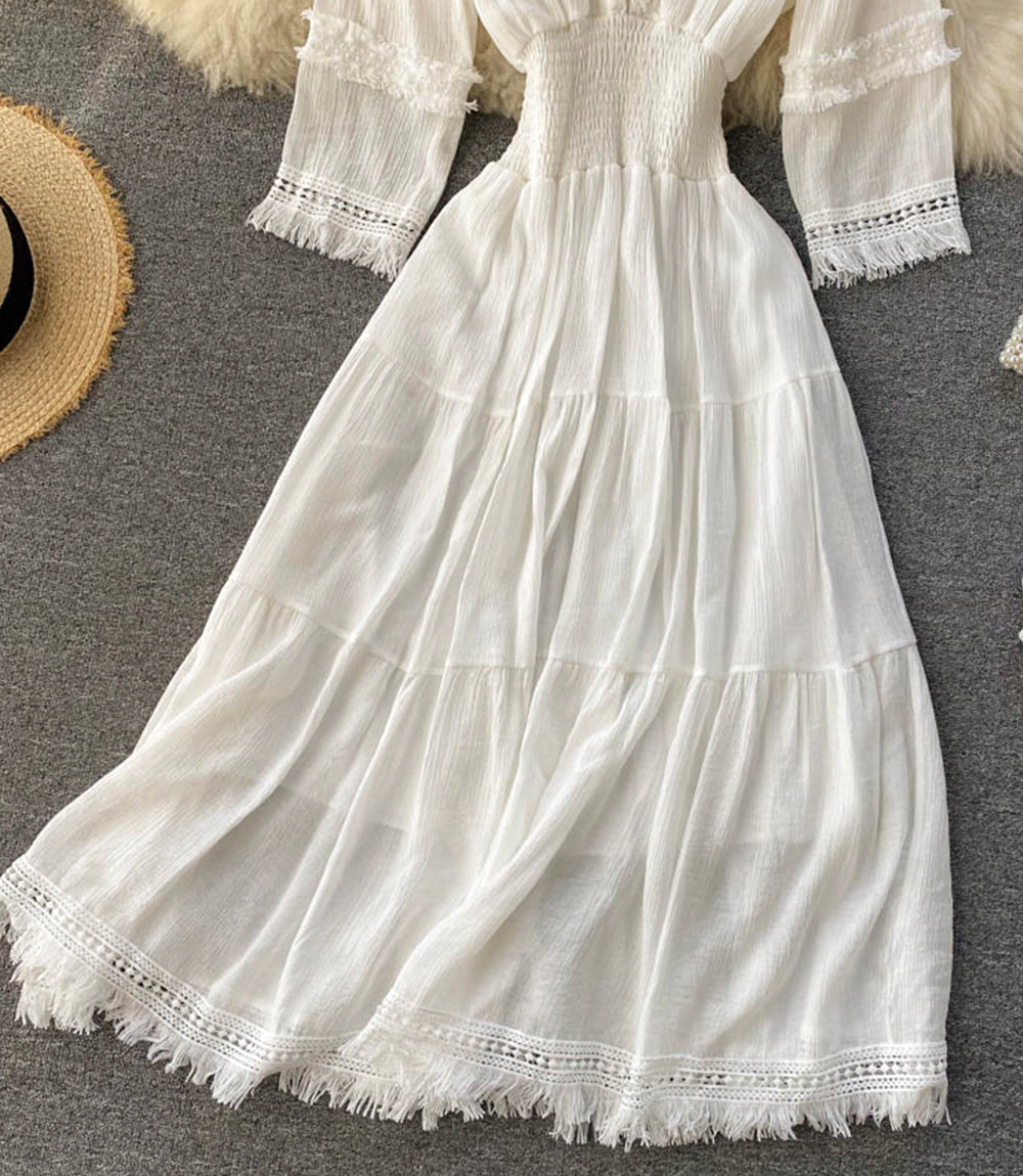 White A line lace dress v neck dress  871