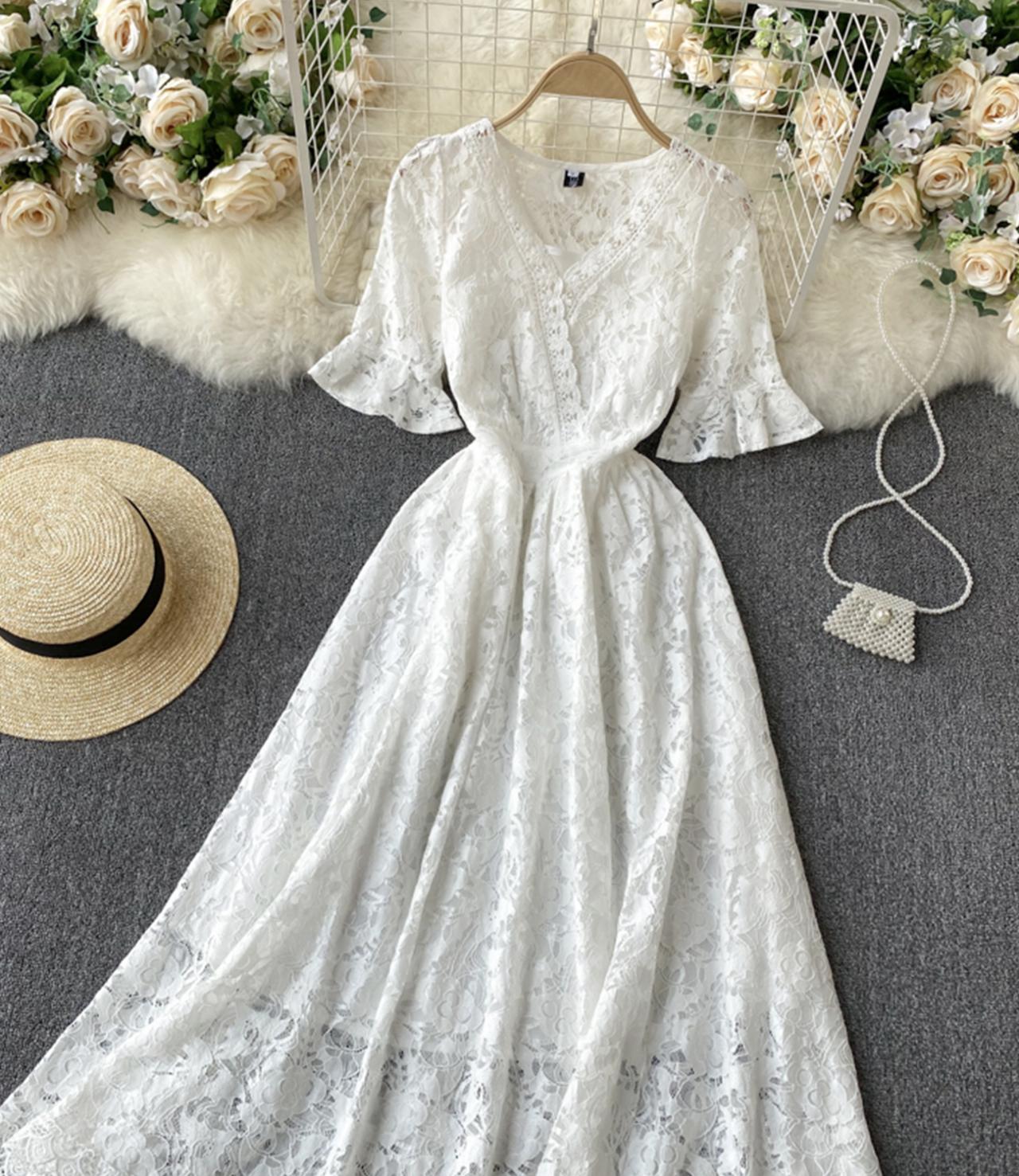 White A line lace v neck dress  793