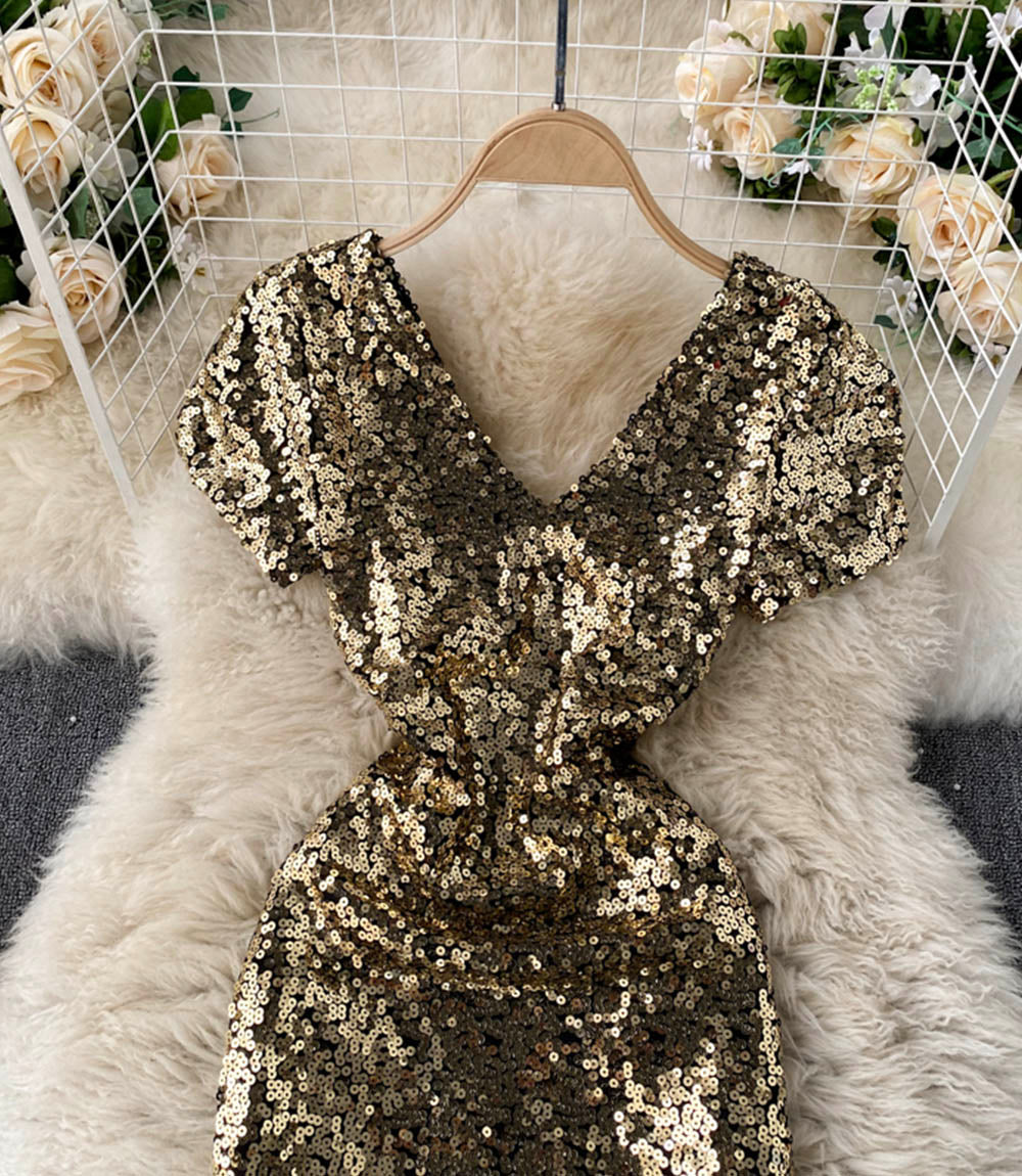 Shiny v neck sequins short dress party dress  860