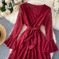 A line v neck lace short dress  1032