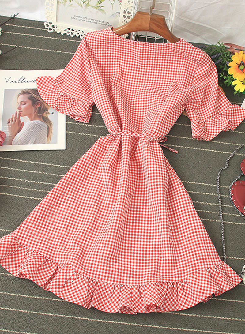 Retro v neck plaid dress women's dress  1202
