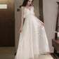 White A line v neck tulle dress fashion dress  1084