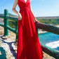 Red v neck chiffon lace long dress  1214