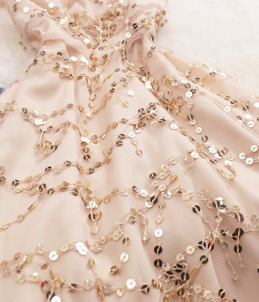Stylish v neck tulle sequins short dress party dress  1131