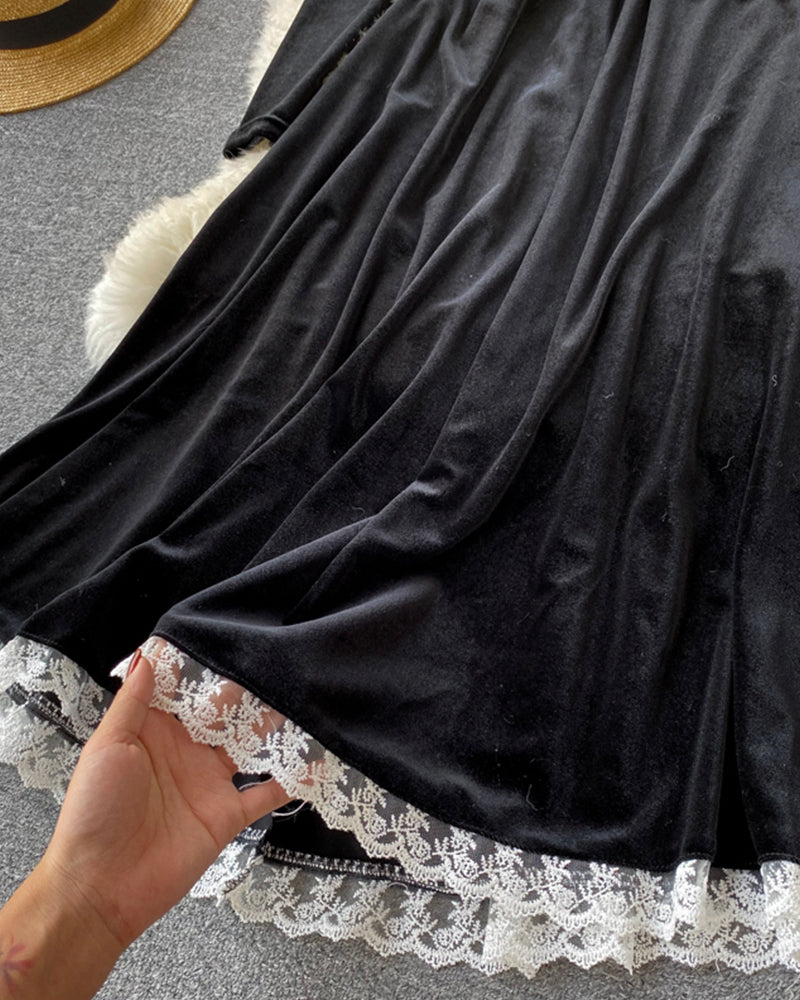 Black velvet long sleeve dress lace dress  1013