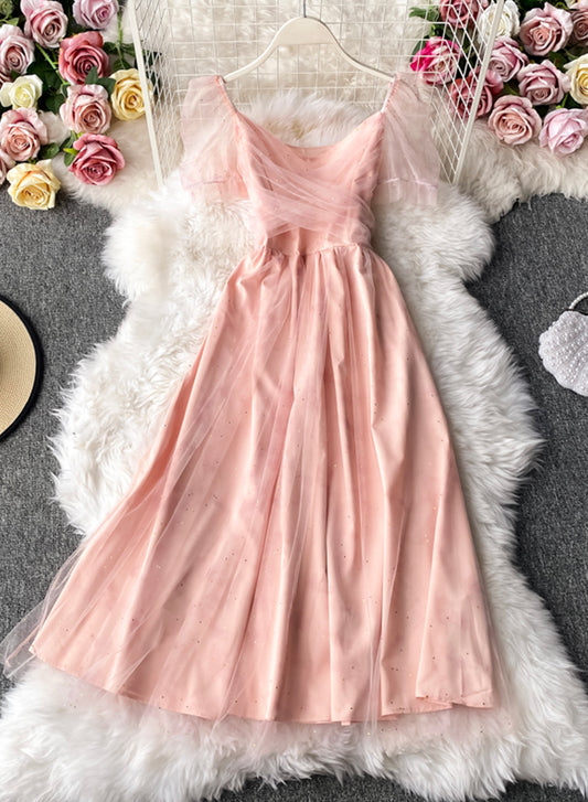 Rosa Tüll kurzes Sommerkleid 1047