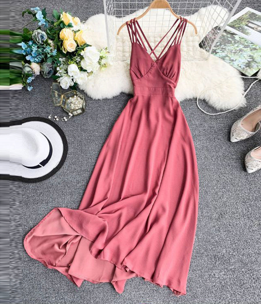 Women's dress A line v neck chiffon backless dress  1227