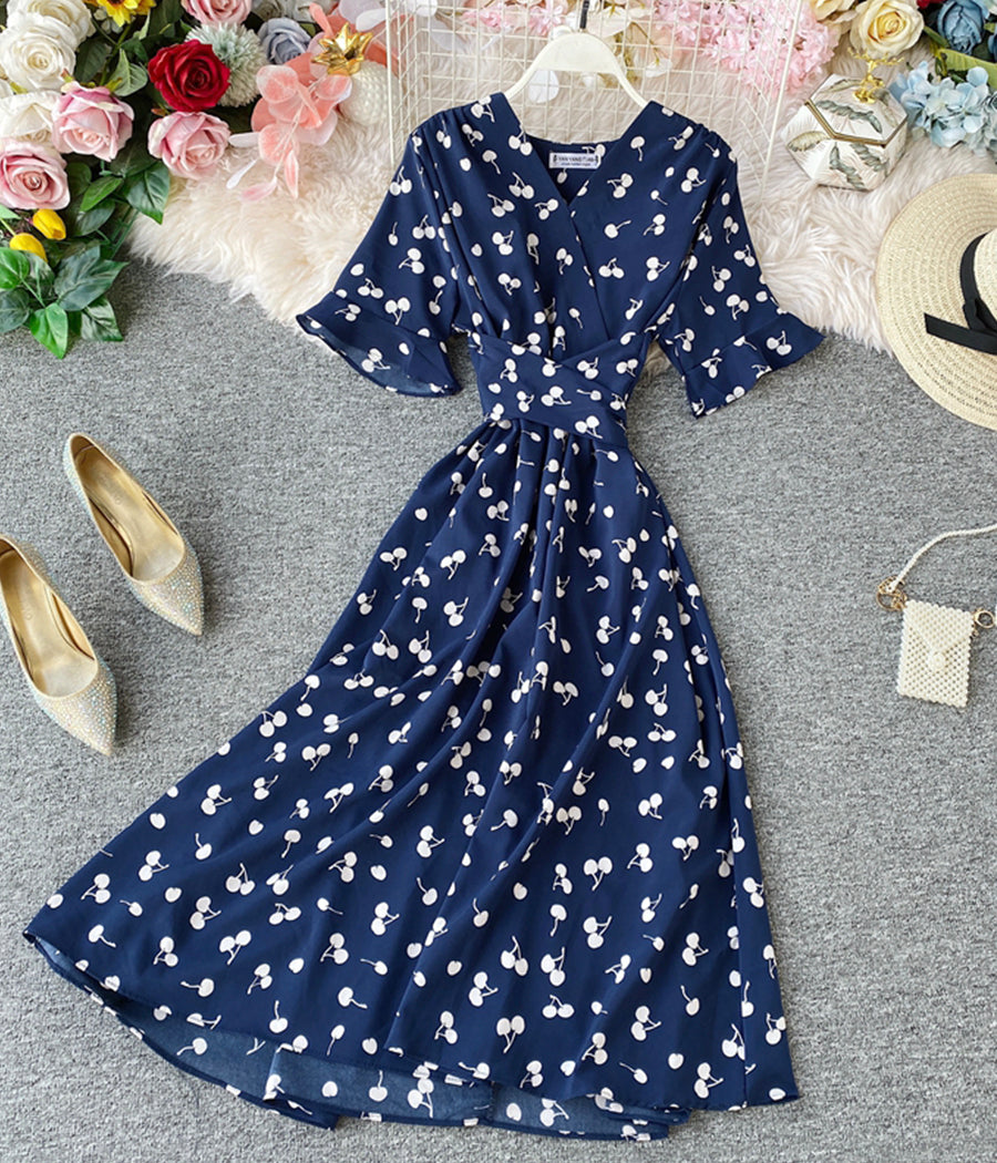 Cute v neck cherry dress summer dress  1282