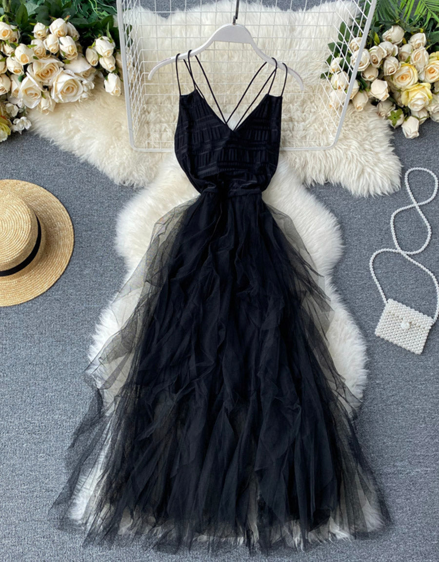 Robe en tulle noire à col en V, robe tendance 1121
