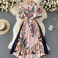 Pink A line floral pattern dress long sleeve dress  795