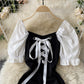 Black lace up short dress A line fashion dress  741