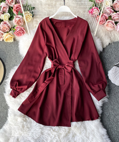 Simple v neck short dress long sleeve dress  956