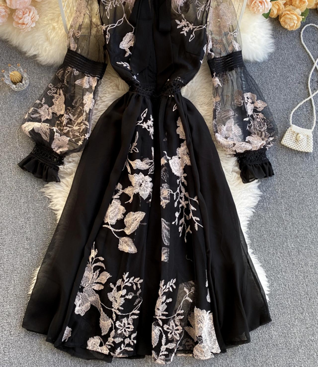 Unique A line embroidery dress black dress  828