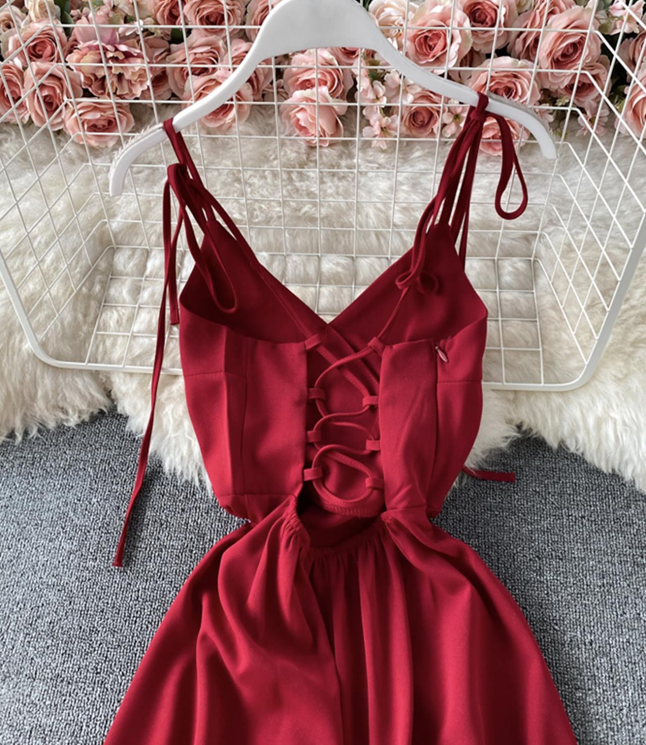 Simple v neck lace up dress A line dress  761