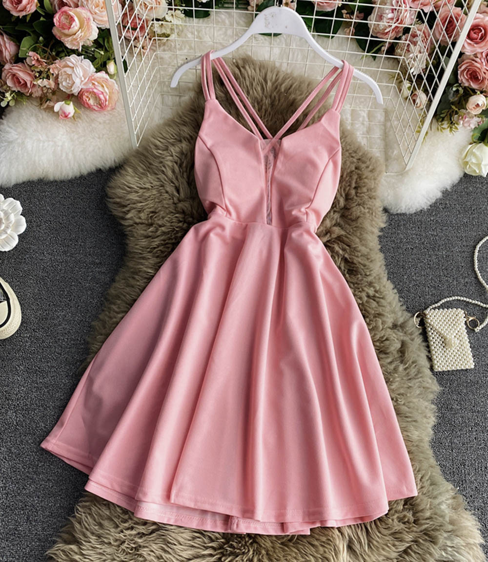 Simple A line v neck short dress  864