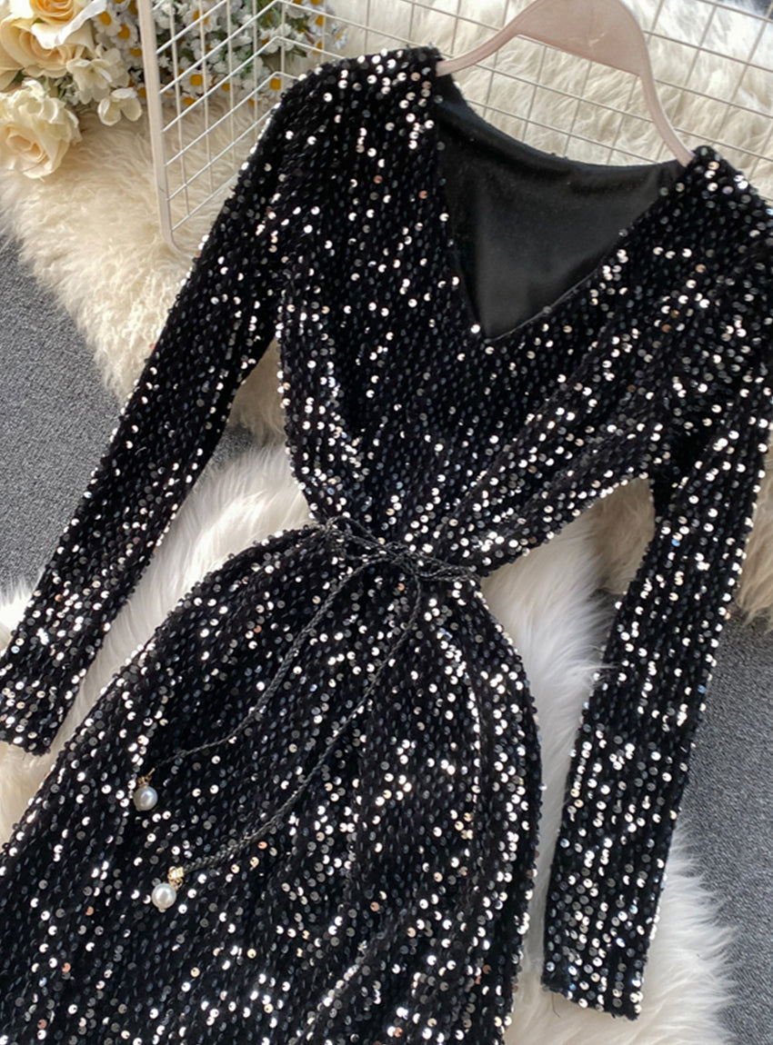 Shiny sequined long-sleeved bag hip short dress women's dress  1173