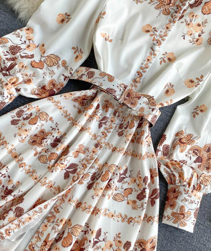 Retro print slim long sleeve dress  1031