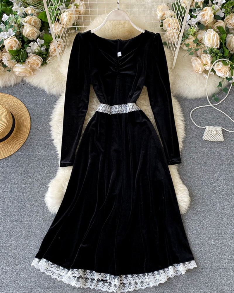 Black velvet long sleeve dress lace dress  1013