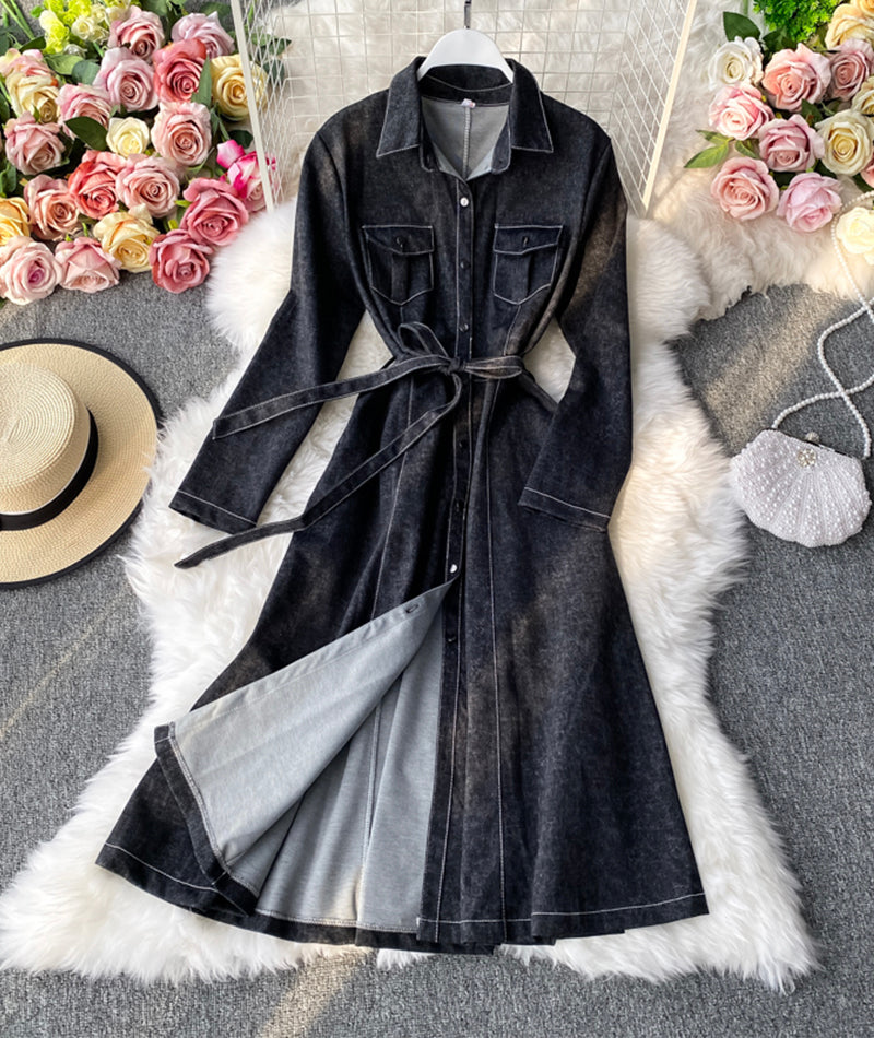 Stylish long-sleeved denim dress women's dress  1057