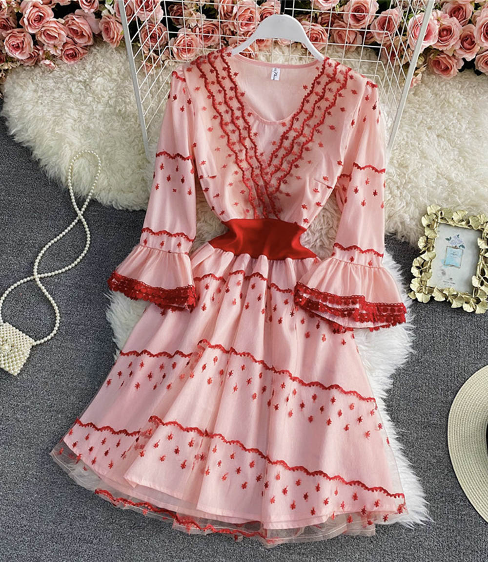 Pink A-Linie Spitze kurzes Kleid Modekleid 842