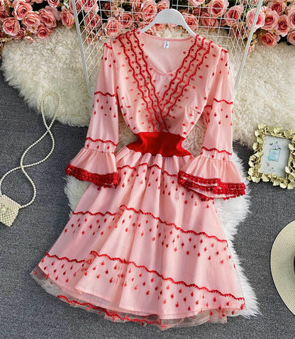 Pink A-Linie Spitze kurzes Kleid Modekleid 842