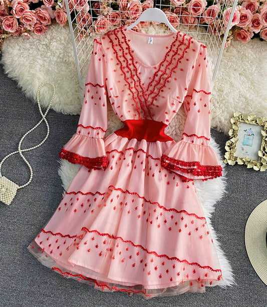 Pink A-Linie Spitze kurzes Kleid Modekleid 842