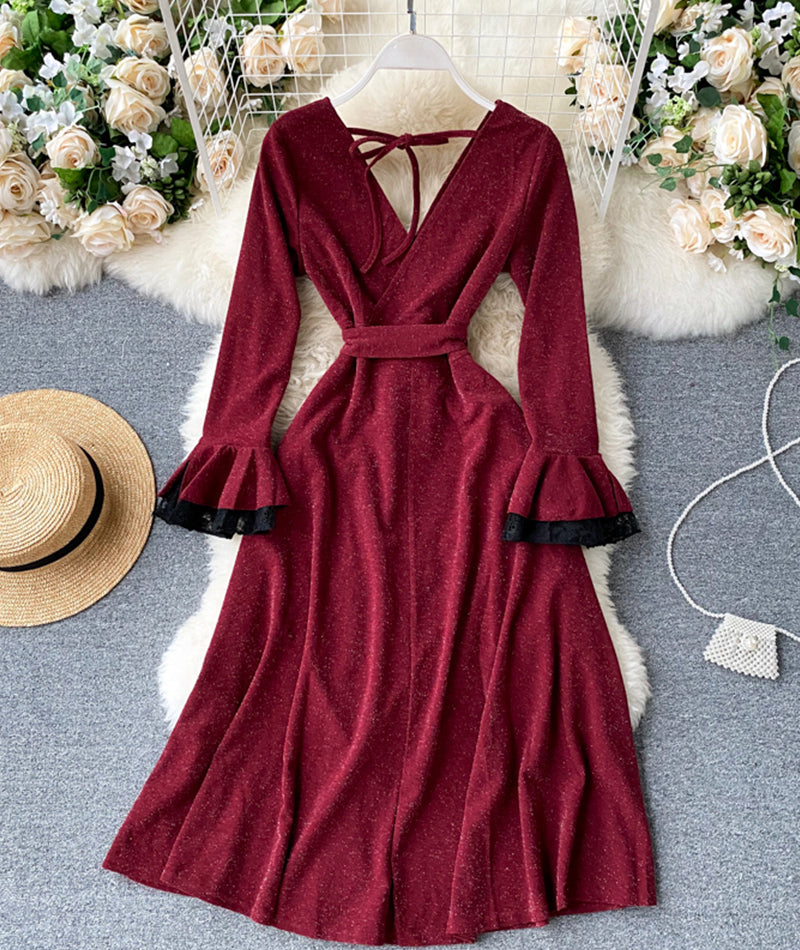 Stylish v neck long sleeve dress  1024