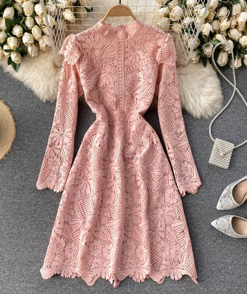 A line cutout lace dress long sleeve dress  920