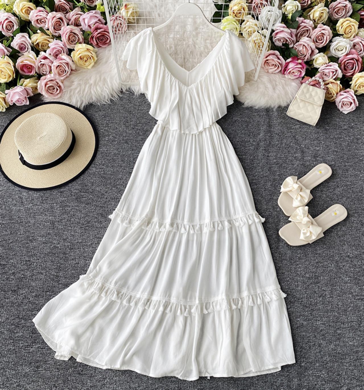 White v neck fringed dress A line fashion dress  743