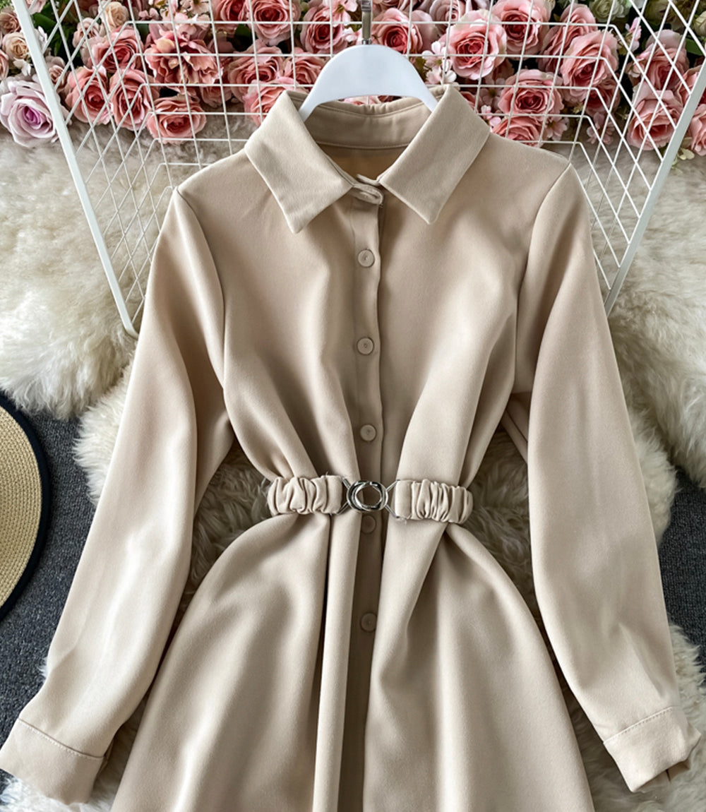 Simple A line long sleeve shirt dress  874