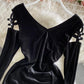 Black velvet short dress long sleeve dress  1300