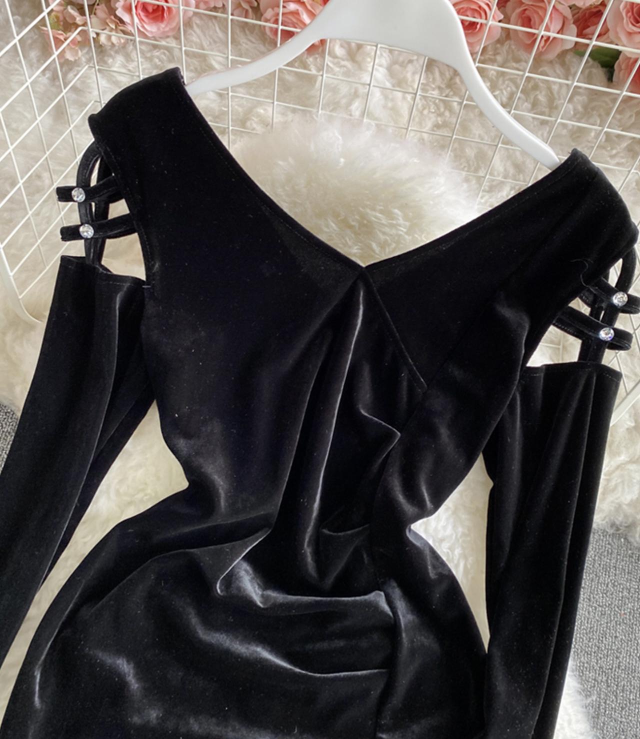 Black velvet short dress long sleeve dress  1300