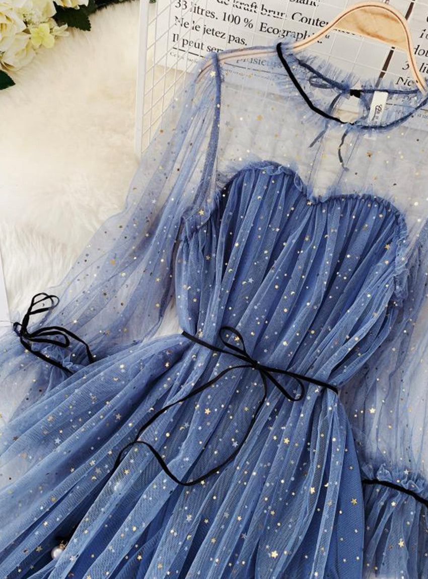 Schönes Tüll-Sterne-Pailletten-Kleid Sommerkleid 1176