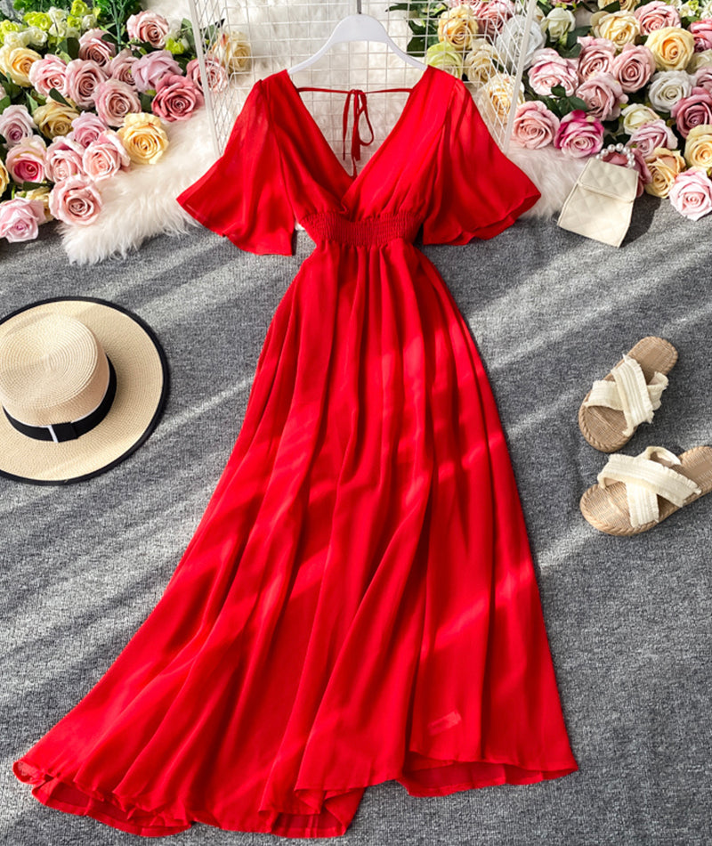 Red v neck short sleeves chiffon dress fashion dress  1065