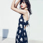 Blue V neck bow long dress women's dress  1129