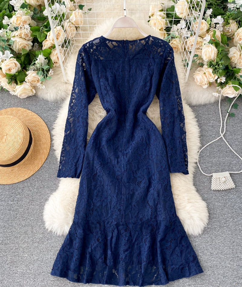 Blue round neck lace short dress long sleeve dress  955