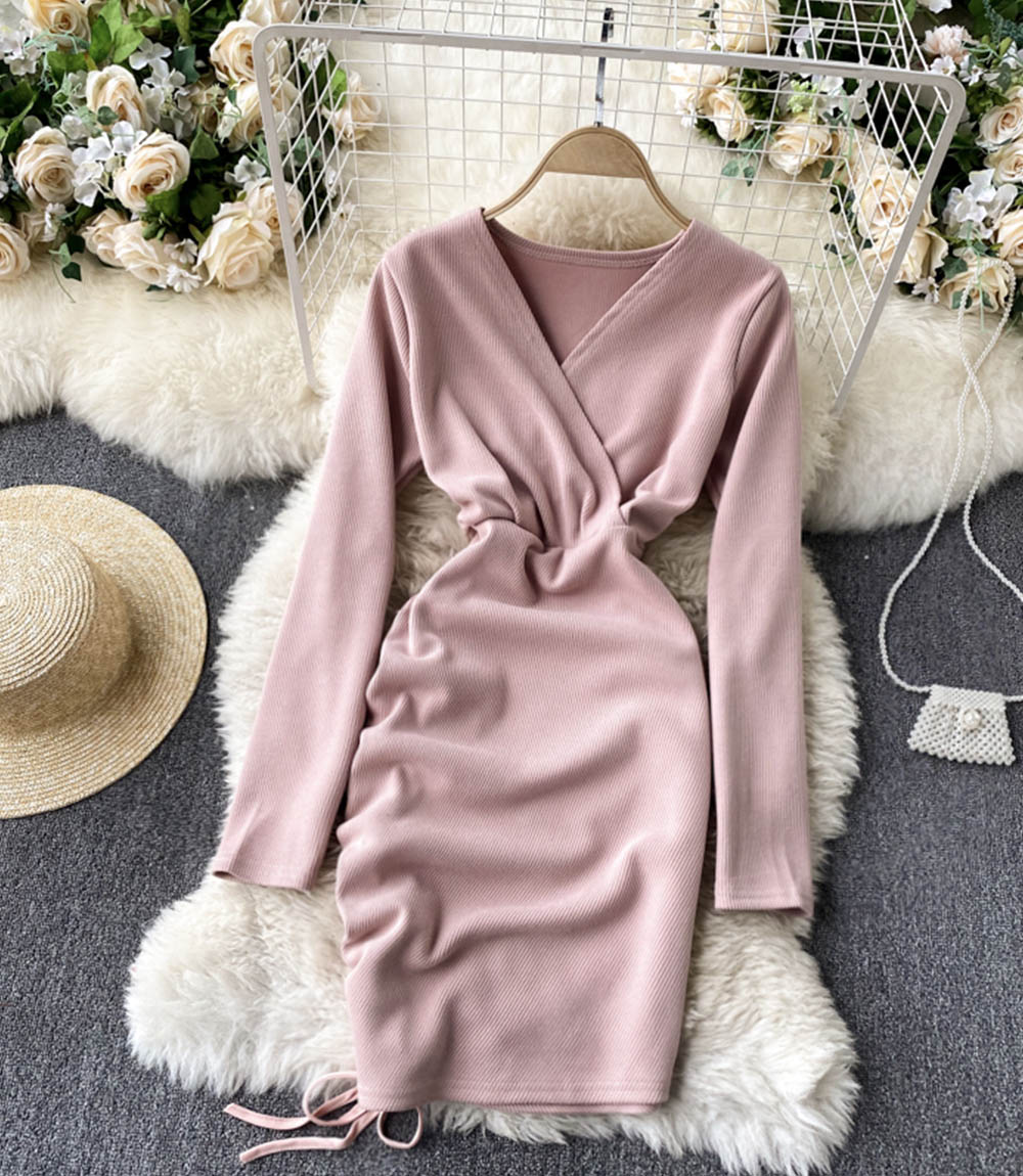 Stylish v neck long sleeve dress short dress  848