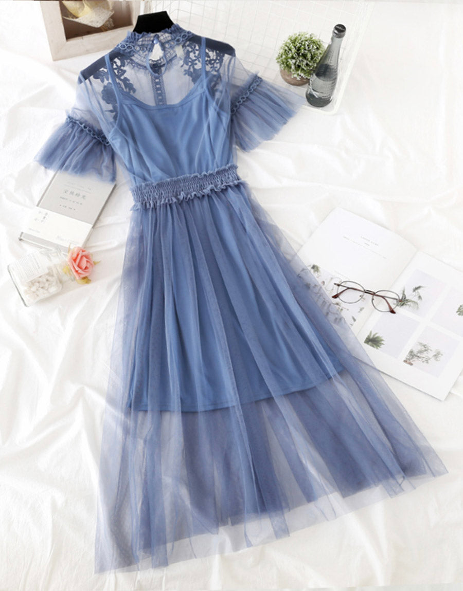 Cute A line tulle lace applique dress summer dress  1147