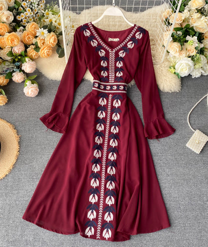 Stylish A line embroidery dress v neck chiffon dress  1016
